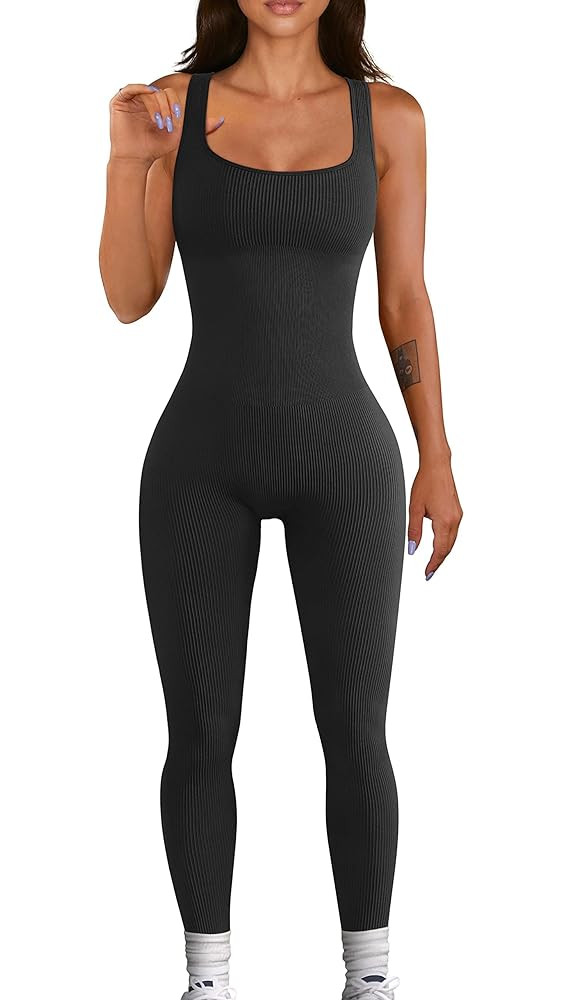 Women Workout Seamless Jumpsuit Yoga Ribbed Bodycon One Piece Tank Top Leggings Romper | Amazon (US)
