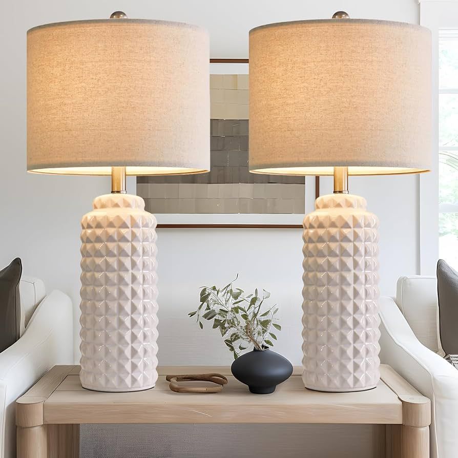 24.5 inch Modern Ceramic Table lamp Set of 2, White Diamond Pattern Bedside lamp Tall Nightstand ... | Amazon (US)