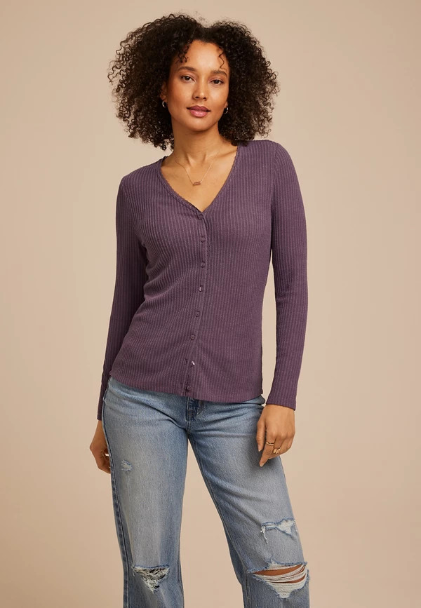 Ribbed Lace Trim Button Front Top | Maurices