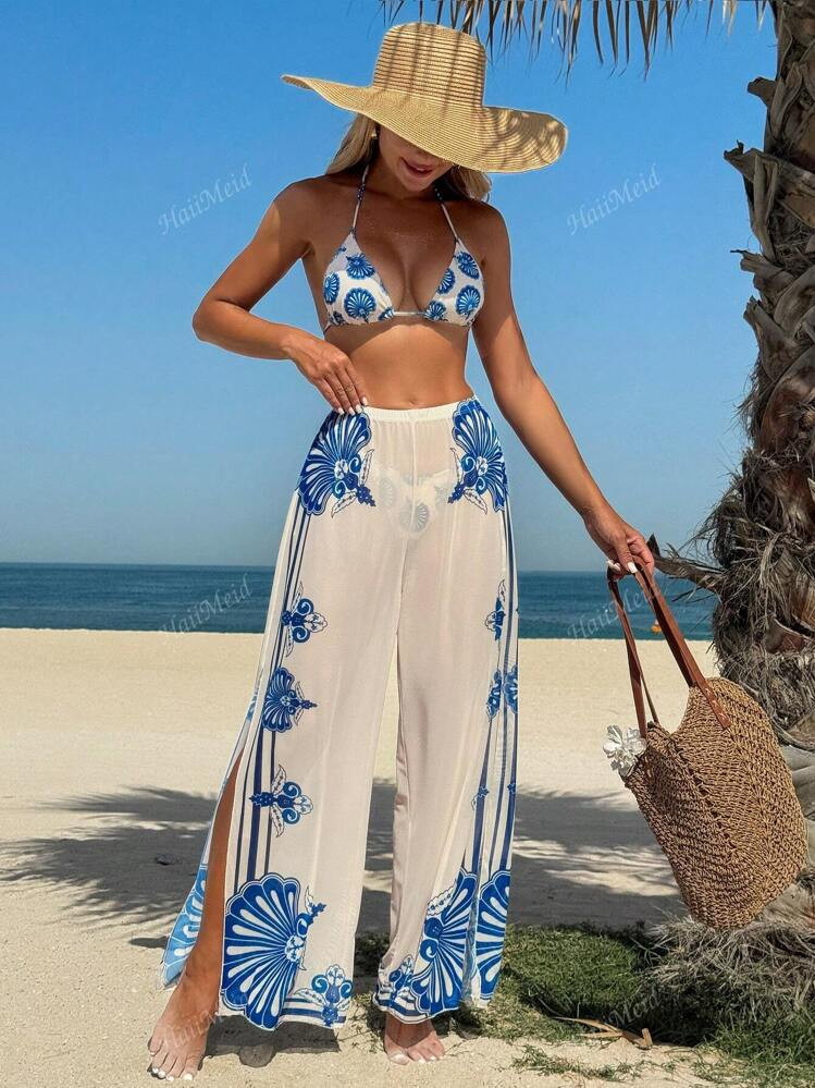 2025 Women's Summer Casual Vacation Bikini Set: Thin-Strap Triangle Bra With Side-Tie Bikini Bott... | SHEIN