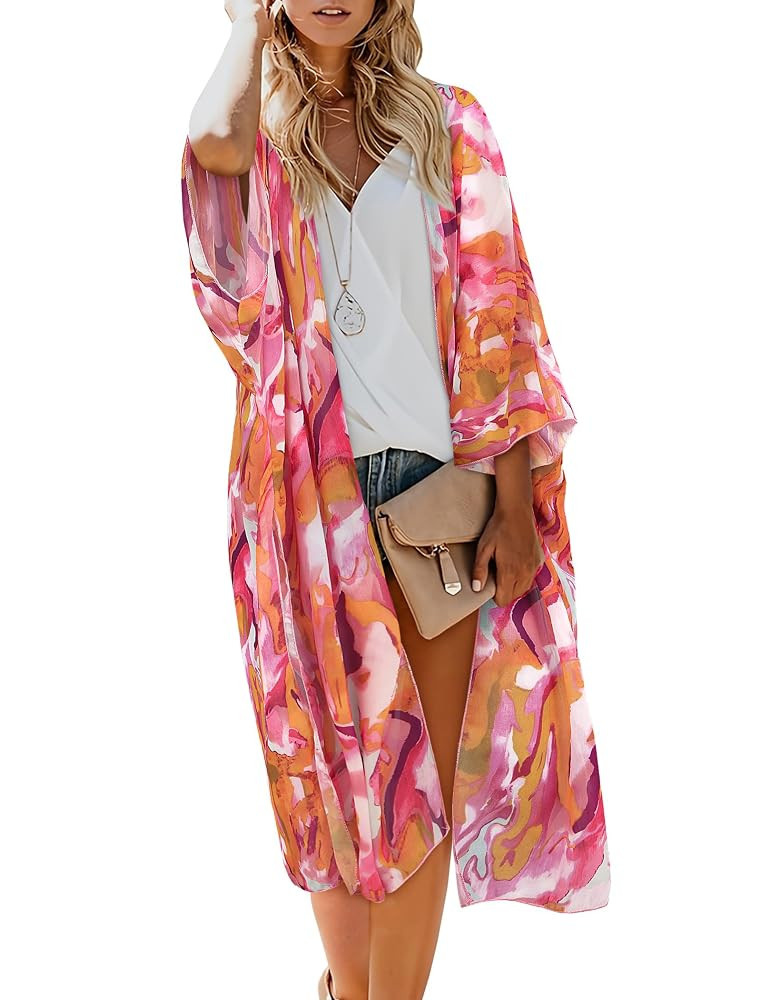 MayBuy Women's Summer Long Flowy Kimono Cardigans Boho Chiffon Beach Cover Up Tops | Amazon (US)