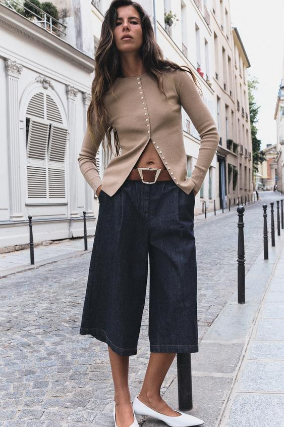 Zara - Belted Pleated Long Bermuda Shorts - Indigo - M - Woman | Zara US
