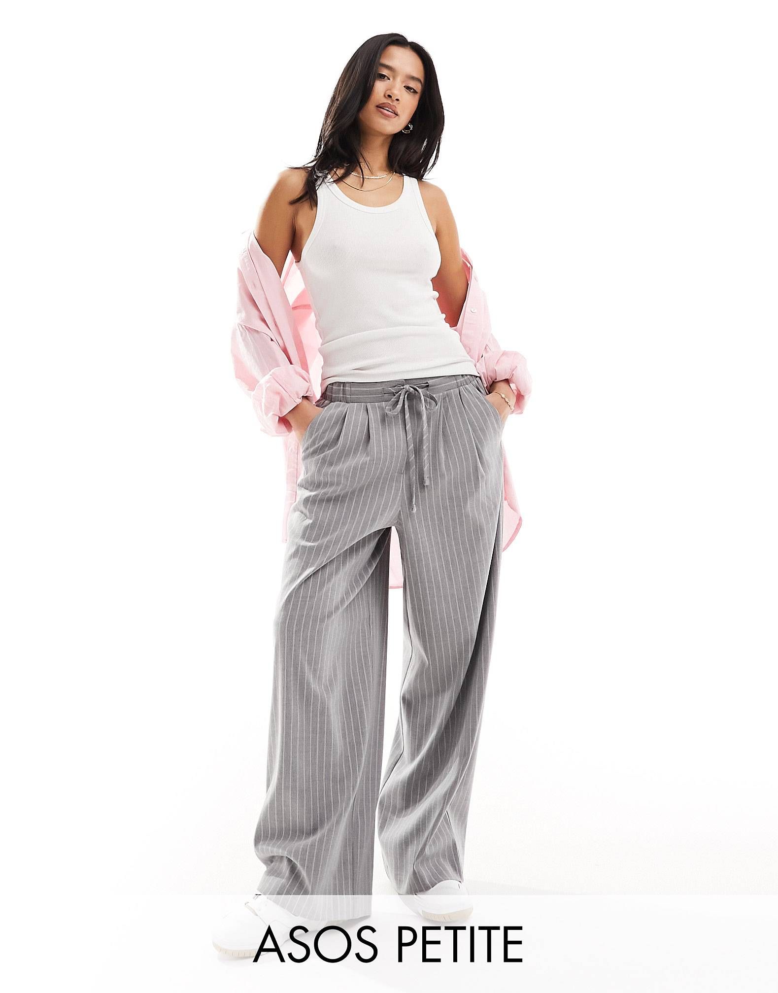 ASOS DESIGN Petite tailored pull on trouser in grey pinstripe | ASOS (Global)