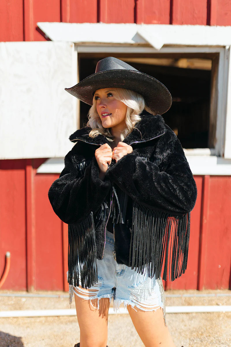 BuddyLove | Skylar Fringe Faux Fur Jacket | Black | BuddyLove