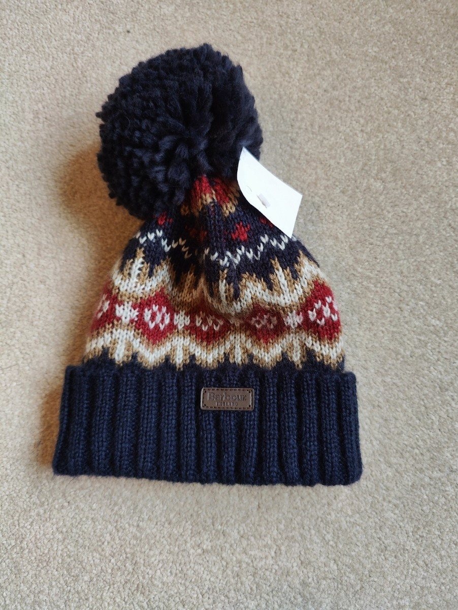 New BARBOUR Boy's Navy Cranberry Fairisle Chunky Knit Bobble Beanie Hat L/XL | eBay UK