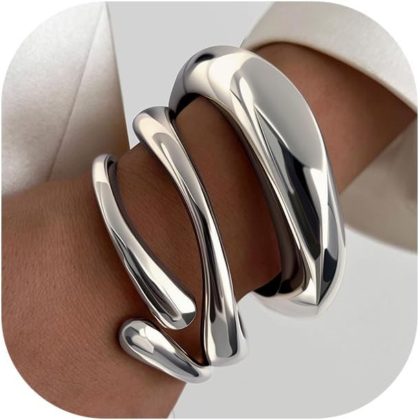 Chunky Gold Bangle Bracelets for Women, Dainty 14k Gold Plated Big Stackable Bangles Set, Trendy ... | Amazon (US)