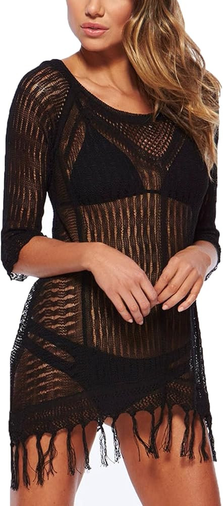 Beach Swimsuit for Women Sleeve Coverups Bikini Cover Up Net Slit Dark Beige | Amazon (US)