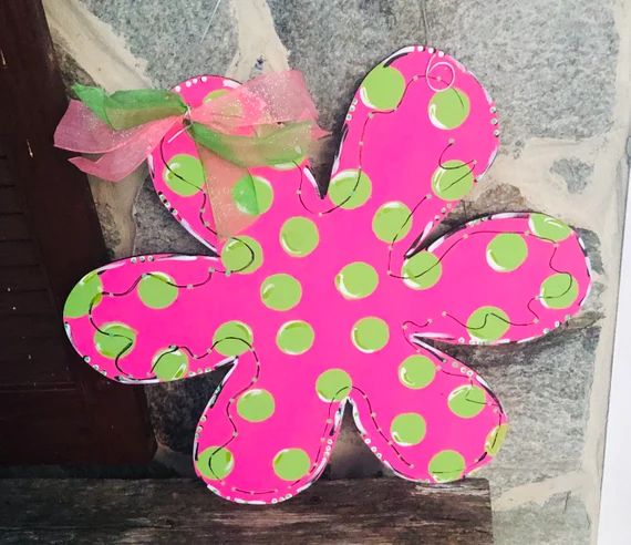 Whimsical Flower Door Hanger, Pink and Green Flower Door Hanger, Retro Door Hanger, Polka-Dot Doo... | Etsy (US)