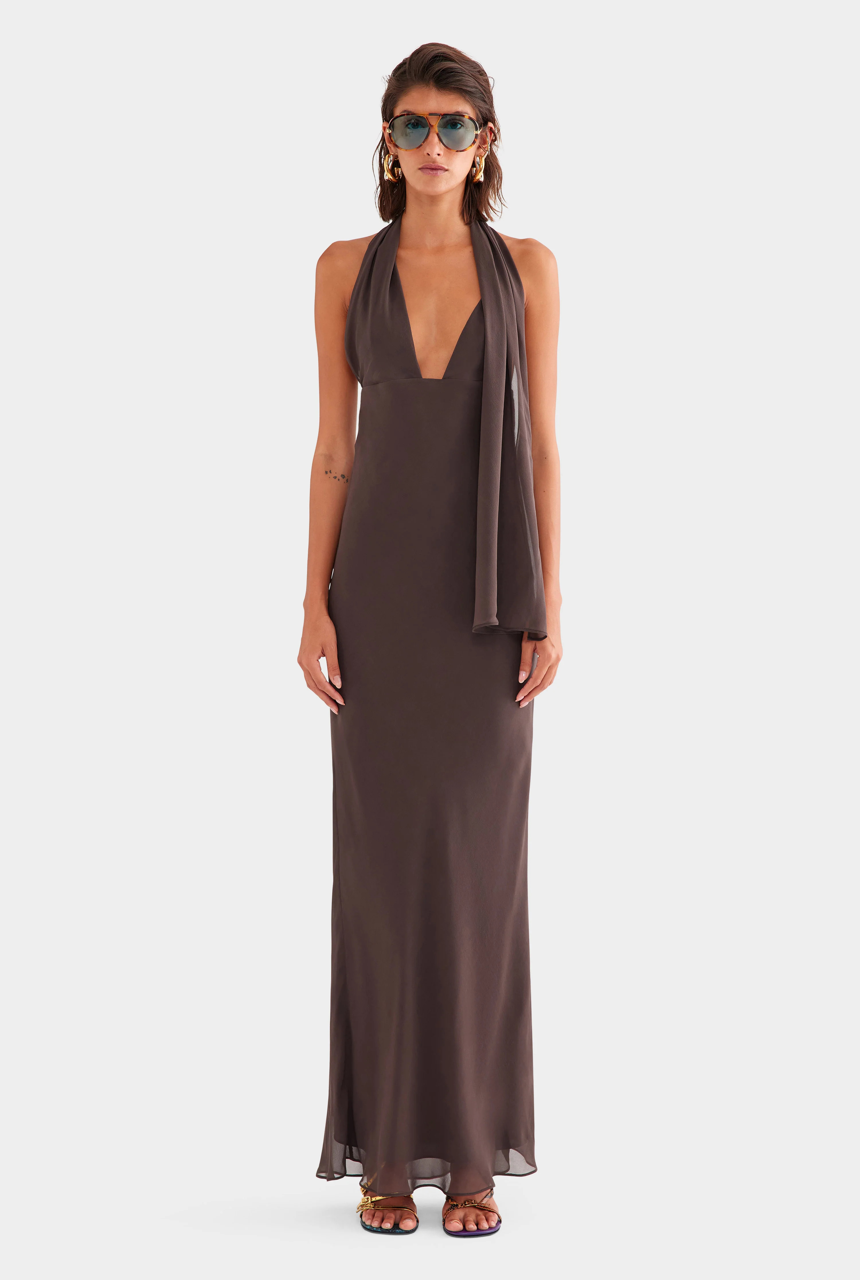 Silk Halter Maxi Dress in Dark Chocolate | Venroy | Venroy AU