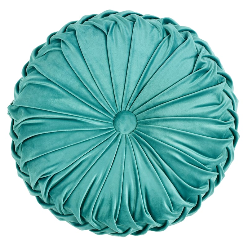 Holan Teal Pleated Velvet Round Throw Pillow, 16" | At Home