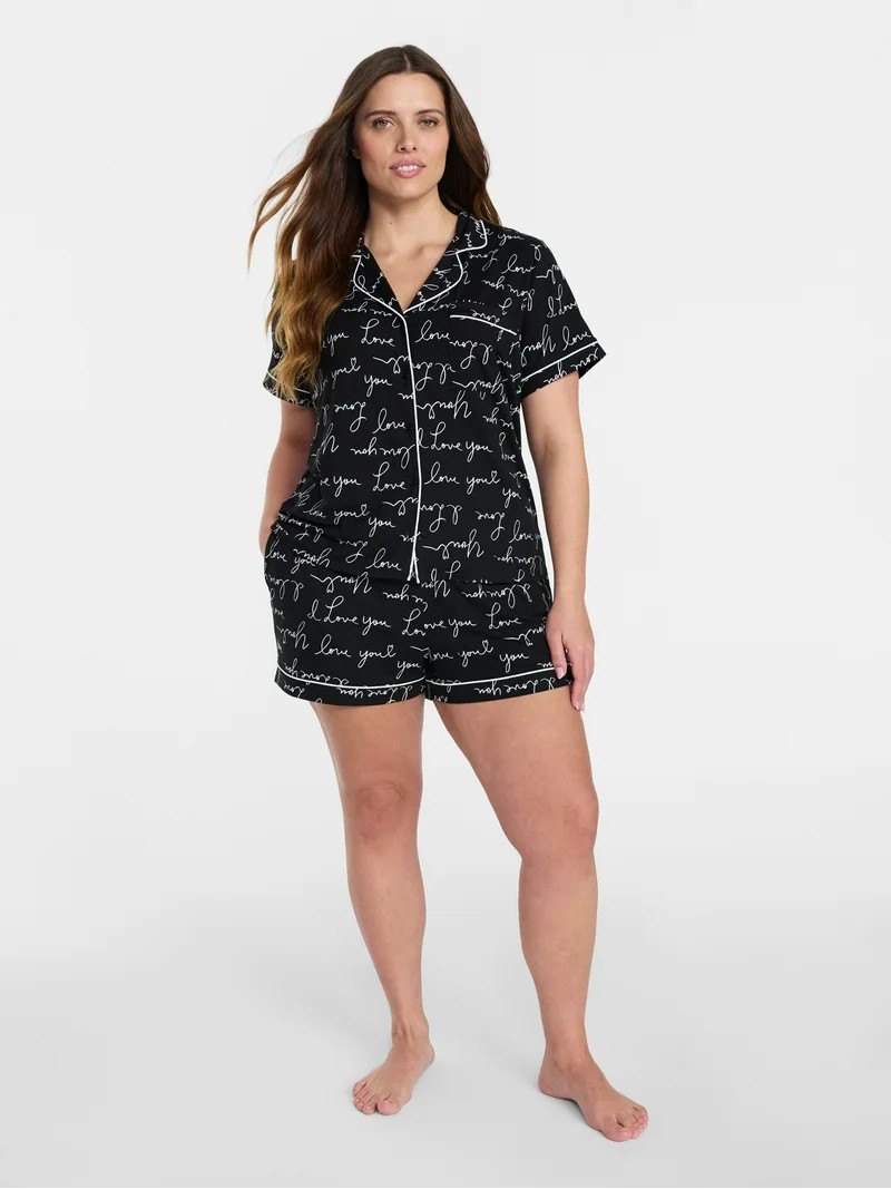 Joyspun Women's Dreamy Soft Collection Notch Top and Shorts Pajama Set, 2-Piece, Sizes XS-3X | Walmart (US)