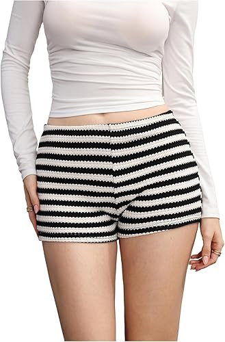 SweatyRocks Women's Y2K Striped Knit Shorts Elastic Waist Slim Fit Summer Mini Shorts | Amazon (US)