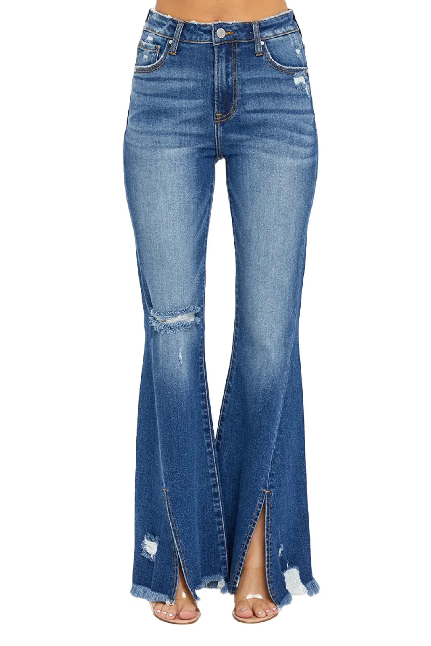 Risen Jeans - High Rise Front Slit with Fray Hem Flare Jeans - RDP5544 | Walmart (US)