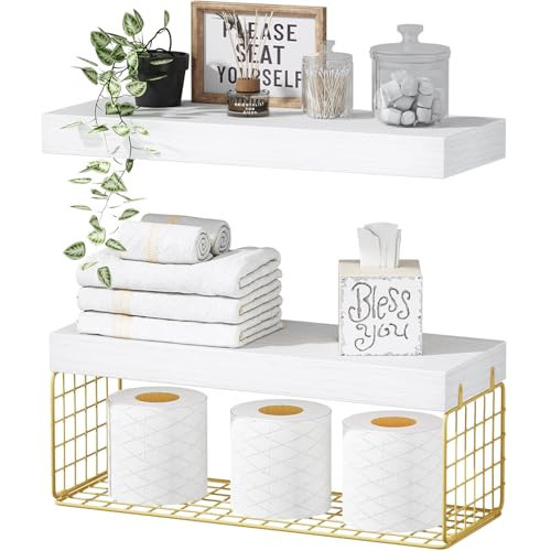 QEEIG Bathroom Shelves Over Toilet - Wall Mounted Floating Shelves Toilet Paper Storage Small Modern Decor Shelf 16 inch Set of 2, White and Gold (019-WG2) | Amazon (US)