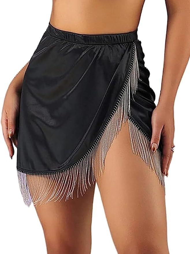 EARENT Womens Tassel Slit Mini Skirt Black Satin High Waist Novelty Skirts Elastic Sexy Short Ski... | Amazon (US)