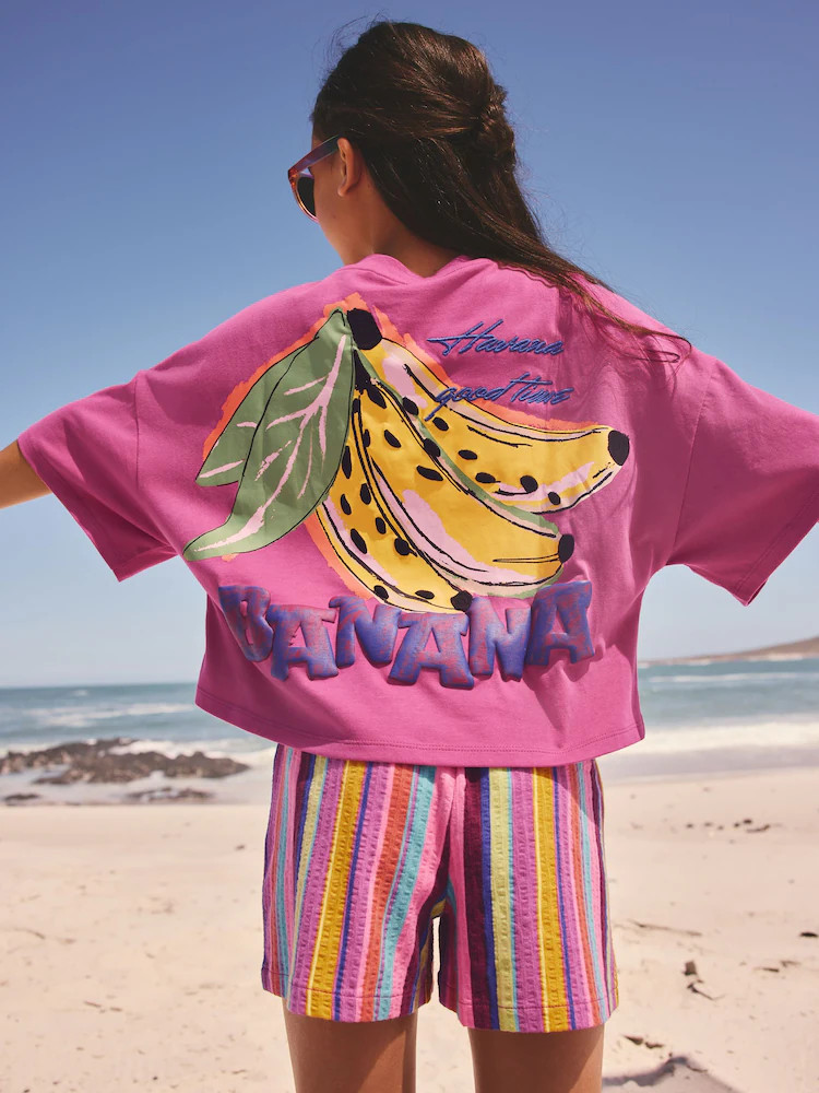 Pink/Stripe Fruit T-Shirt and Textured Shorts Set (3-16yrs) | Next US
