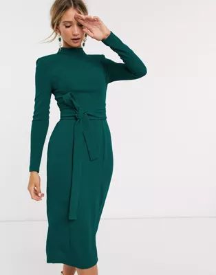 ASOS DESIGN long sleeve midi dress with obi belt in green | ASOS | ASOS (Global)