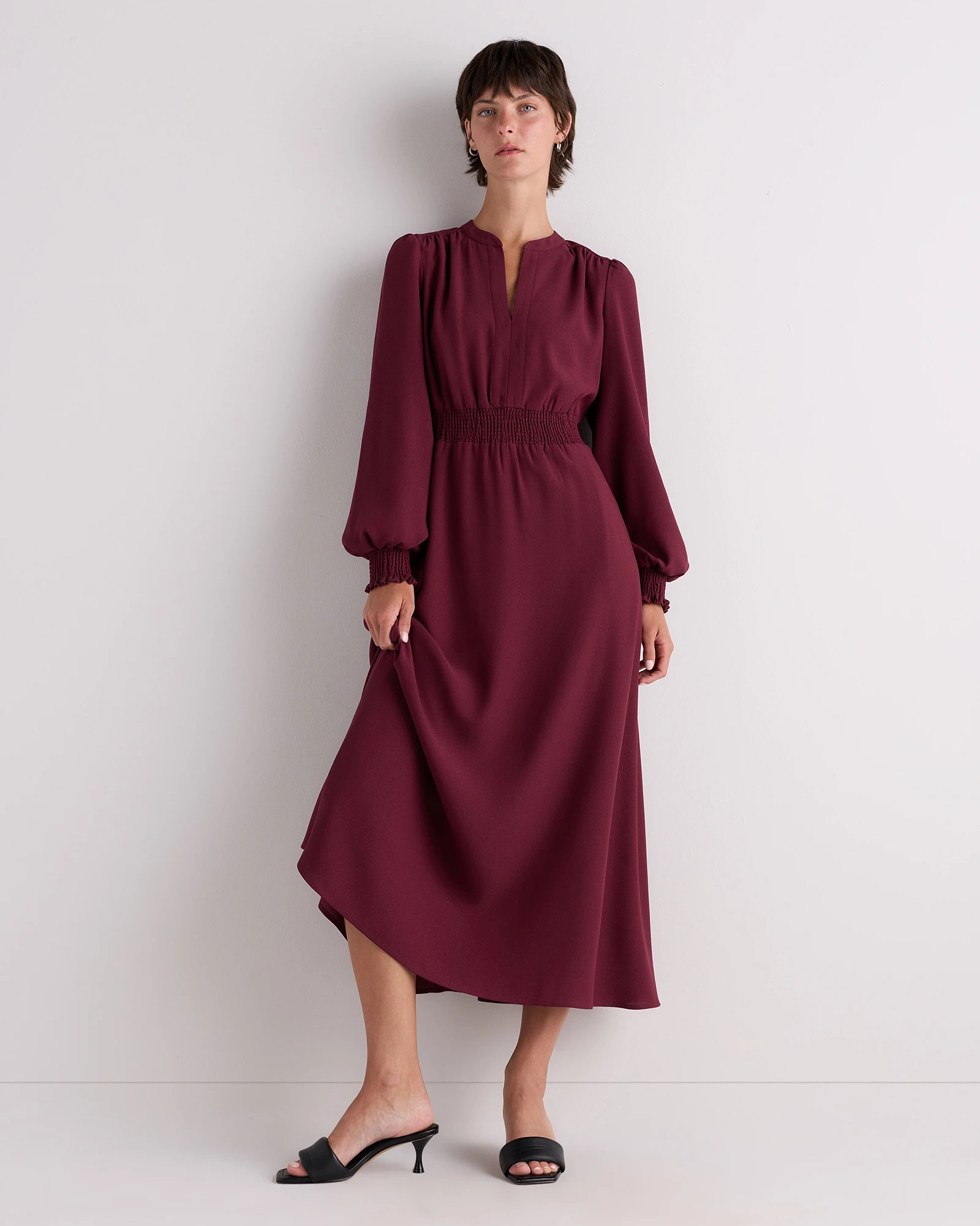Matte Crepe Long Sleeve Midi Dress in Cabernet Red | Quince