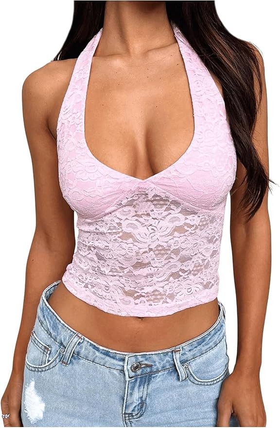 MakeMeChic Women's Lace Halter Top Deep V Backless Festival Going Out Tank Tops | Amazon (US)