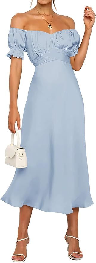 KIRUNDO Women's 2024 Summer Satin Midi Dress Off Shoulder Wrap Ruched Wedding Guest Party Cocktai... | Amazon (US)