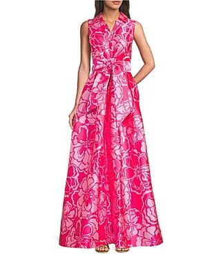 Lilly Pulitzer Marria Printed Satin Jacquard Point Collar Neck Sleeveless TIe Waist Maxi Dress - 10 | Dillard's