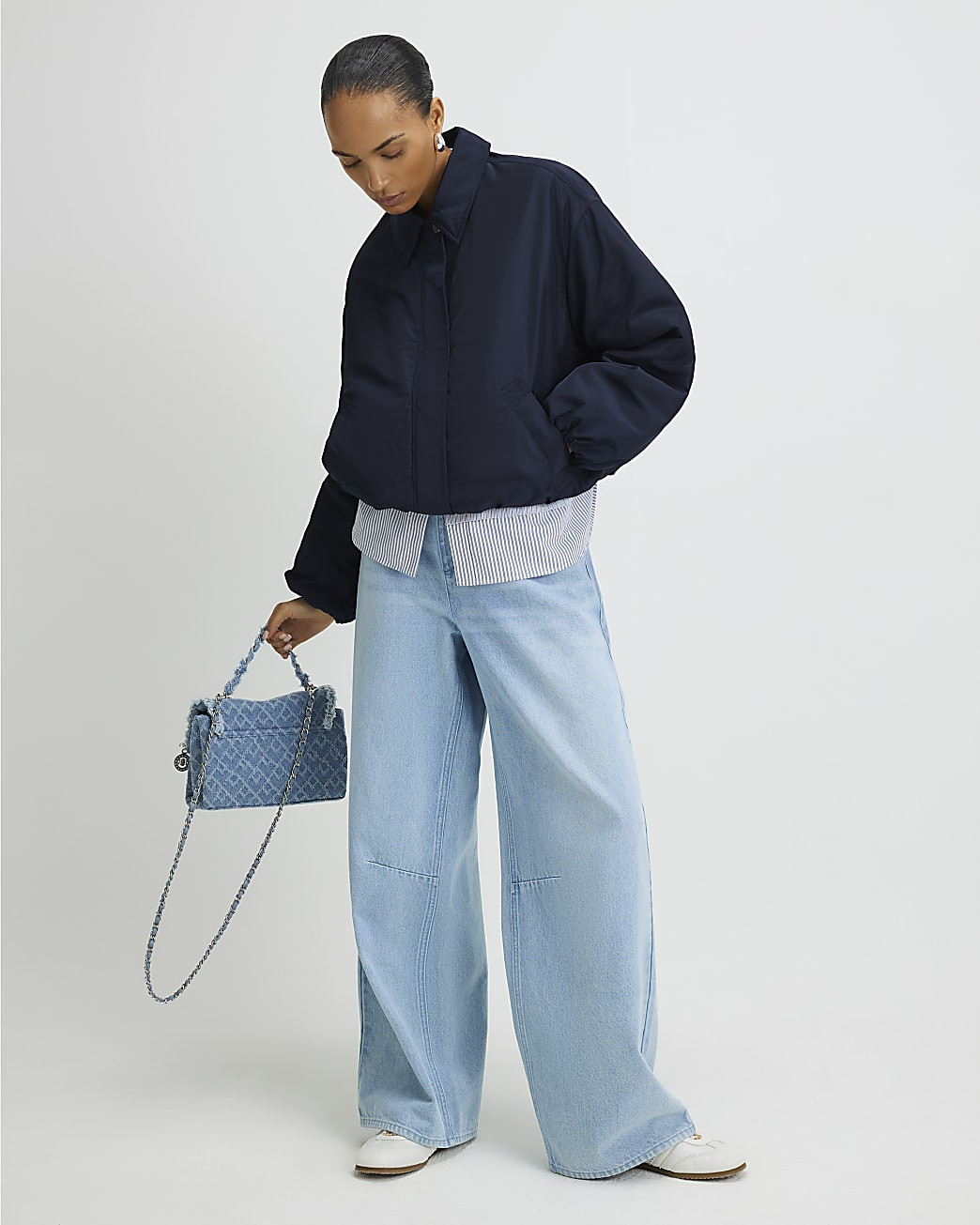 Navy Bubble Hem Jacket | River Island UK & IE