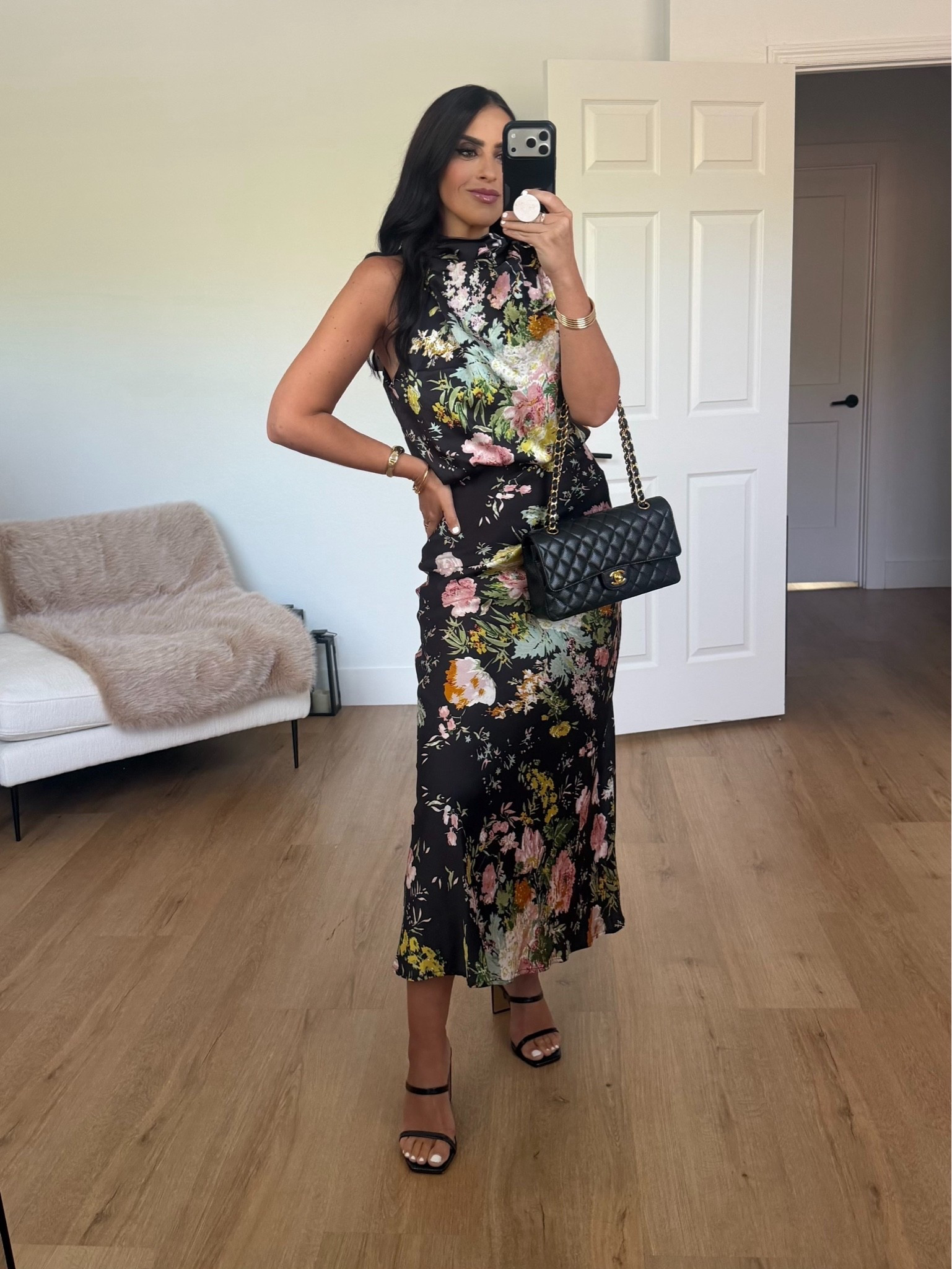 Petal and Pup Anabelle Funnel Neck Satin Midi Dress wearing Size small