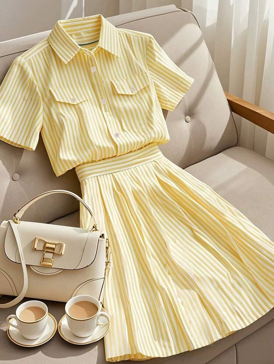 Franclia 2pcs/Set Striped Short Sleeve Polo Collar Shirt And High Waist Skirt Set | SHEIN