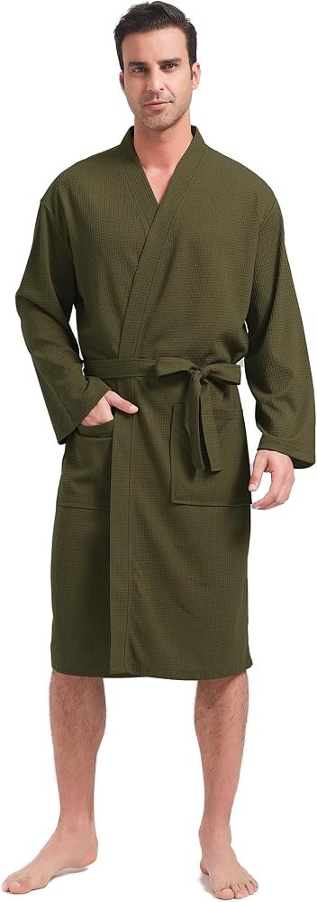 FashGudim Mens Lightweight Waffle Knit Robe Soft Kimono Spa Bathrobes Knee Length Summer Robes | Amazon (US)