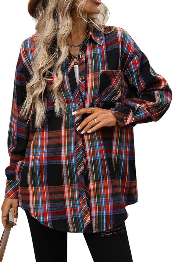 CHYRII Womens Oversized Flannel Shirts Button Down Long Sleeve Plaid Shirt Business Casual Blouse... | Amazon (US)