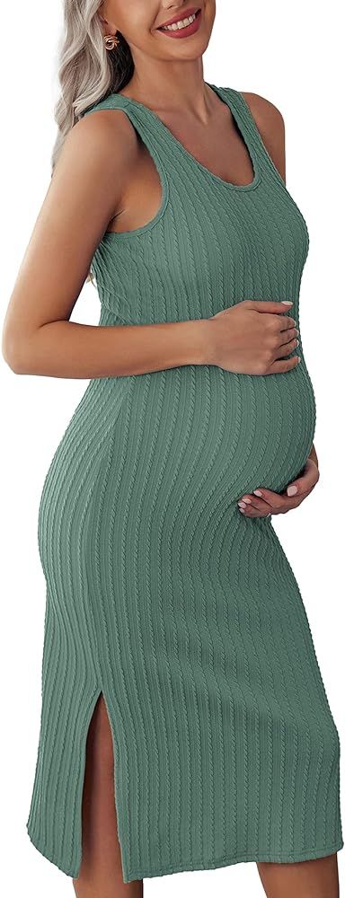 Ekouaer Women's Maternity Dress Rib Knit Sleeveless Tank Side Slit Bodycon Dresses Pregnancy Clot... | Amazon (US)