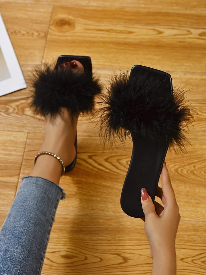 Women Black Fluffy Decor Slide Sandals, Fashionable Open Toe Flat Sandals | SHEIN