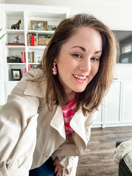 Trench coat and pearls 🎀 #southernliving #trenchcoat #bowearrings #earrings #coat #smartcasual #workoutfit #pink 

#LTKover40 #LTKworkwear #LTKstyletip