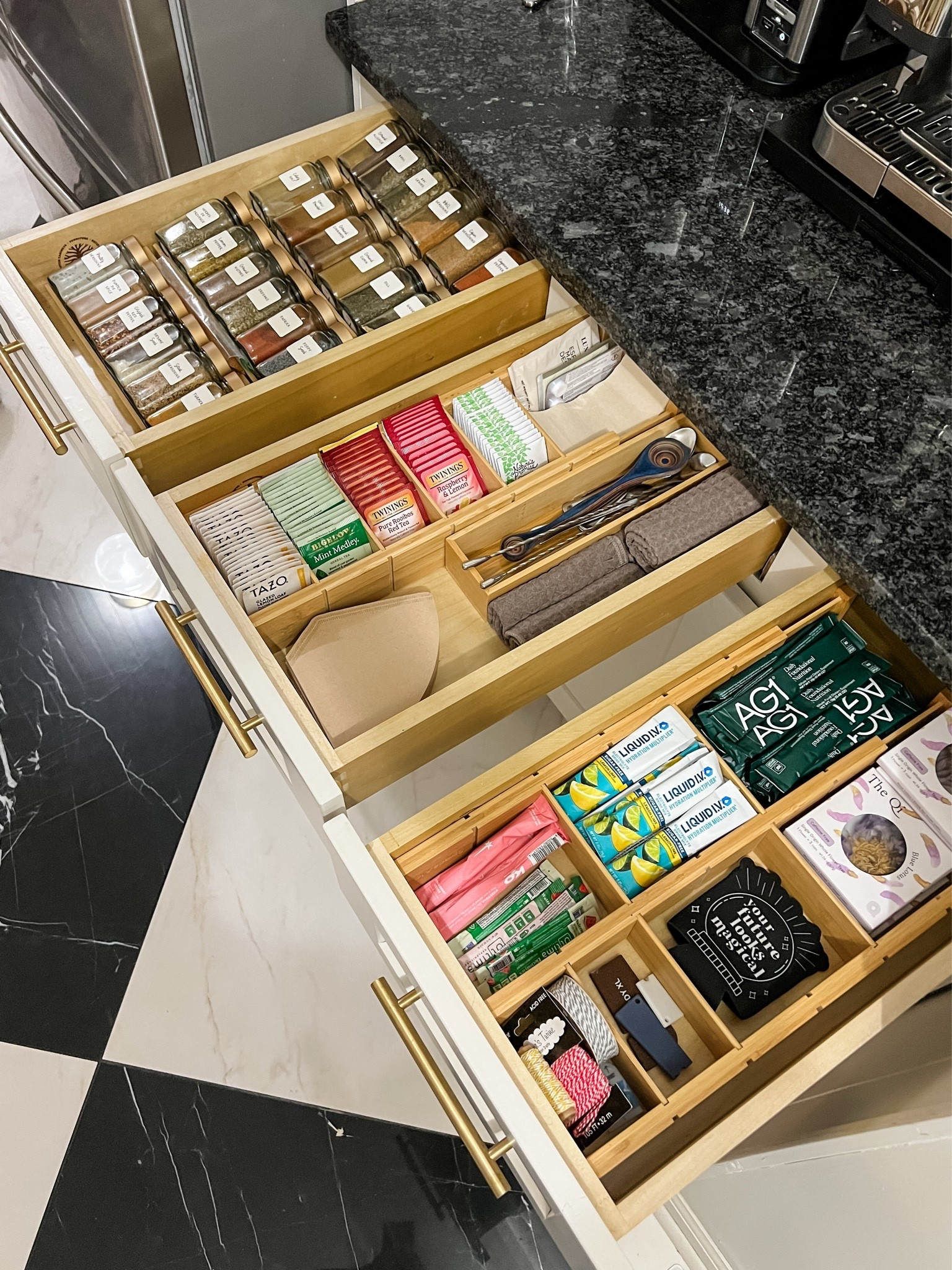Organized these three drawers to hold all the little things in my kitchen. Now that I added drawer units to my lower cabinets, my actual drawers have been empty for weeks! 😅
(I linked the base cabinet drawer inserts I added too, they’re just not shown in the pic here)

#LTKHome #LTKdayinmylife