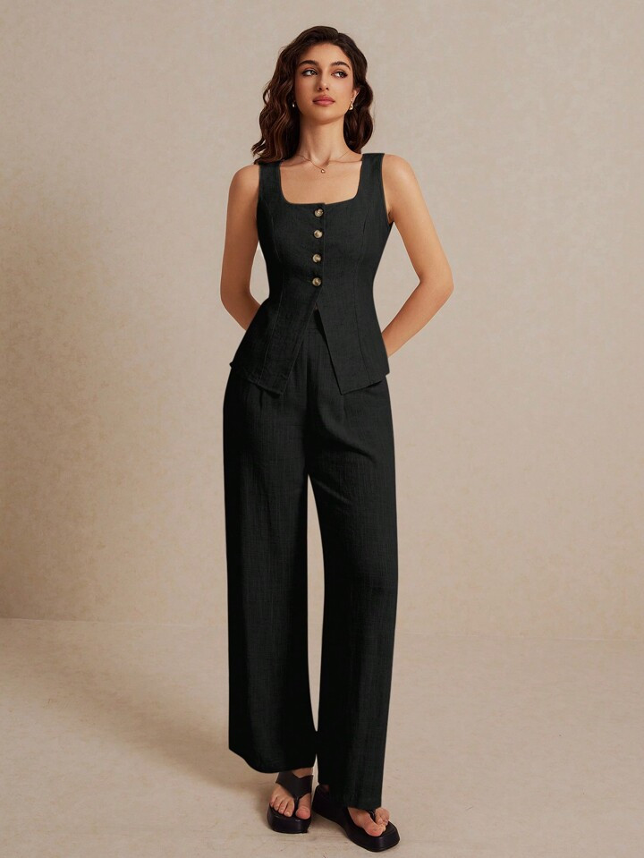 SHEIN Frenchy Summer   Linen Suit Vest Two-Piece Set Ladies Fashionable Plain Button Contrast Col... | SHEIN