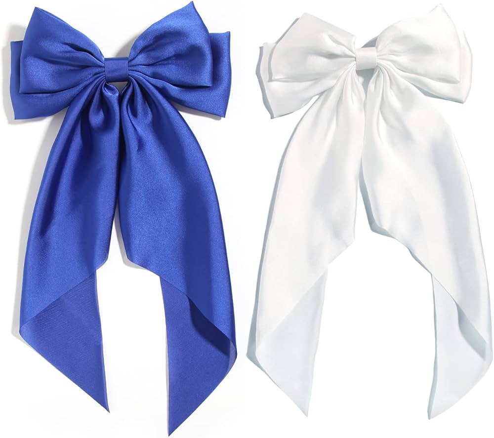 Furling Pompoms Hair Bows for Girls, 2pcs Big Hair Bow with long Tail French Barrette, Royal Blue... | Amazon (US)