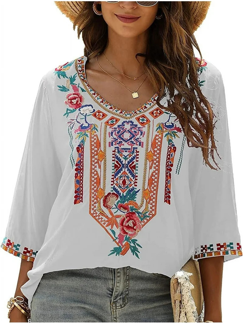 Women's Summer Boho Embroidery Mexican Bohemian Tops V Neck 3/4 Sleeve Causal Loose Shirt Blouse ... | Walmart (US)