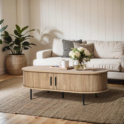 Mid-Century Modern Oval Coffee Table with Storage – Oak Finish Slatted Tambour Sliding Doors | Wayfair North America