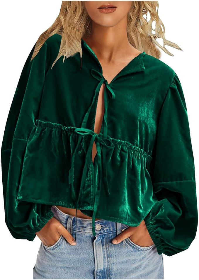 Flowy Puff Sleeve Velvet Tops for Women Cute V Neck Bow Tie Front Tunic Fall Loose Long Sleeve Ba... | Amazon (US)