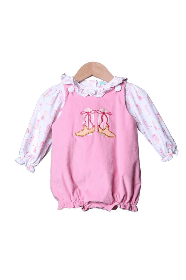 Applique Cowgirl Boots Pink Corduroy Bubble | The Smocked Flamingo