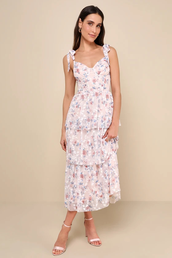 Flirtatious Radiance Blush Pink Floral Mesh Bustier Midi Dress | Lulus