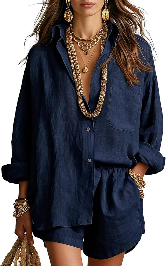 Gozoloma Women's 2 Piece Cotton Linen Set Adjustable 3/4 Sleeve Button Down Shirt & Shorts with P... | Amazon (US)