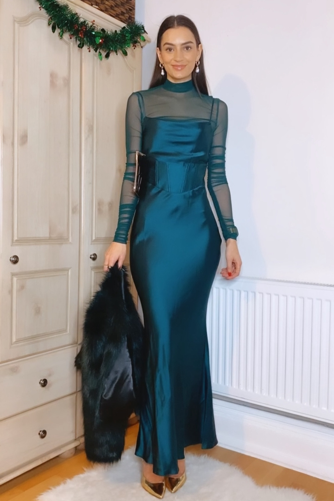 7 Days, 7 Party Looks: Day 2
Green maxi dress, sheer top, faux fur jacket, gold heels, gold clutch, pearl drop earrings and gold accessories

#LTKHoliday #LTKSeasonal