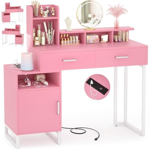 Besiost Vanity Desk, Small Vanity Desk with Power Outlet, Makeup Desk with Drawers and Cabinets, Vanity Set with Storage Shelves for Bedroom, No Mirror, Pink | Amazon (US)