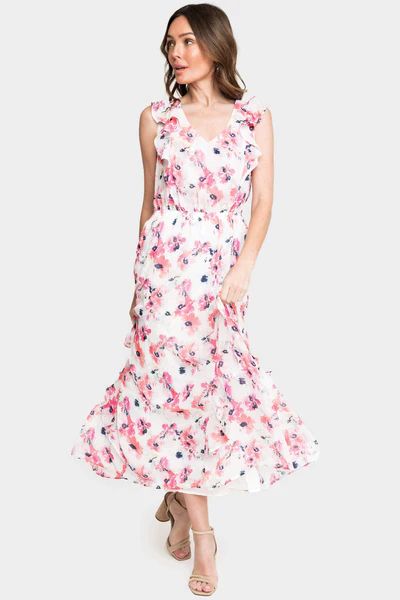 Sleeveless V-Neck Ruffle Trim Maxi Dress | Gibson