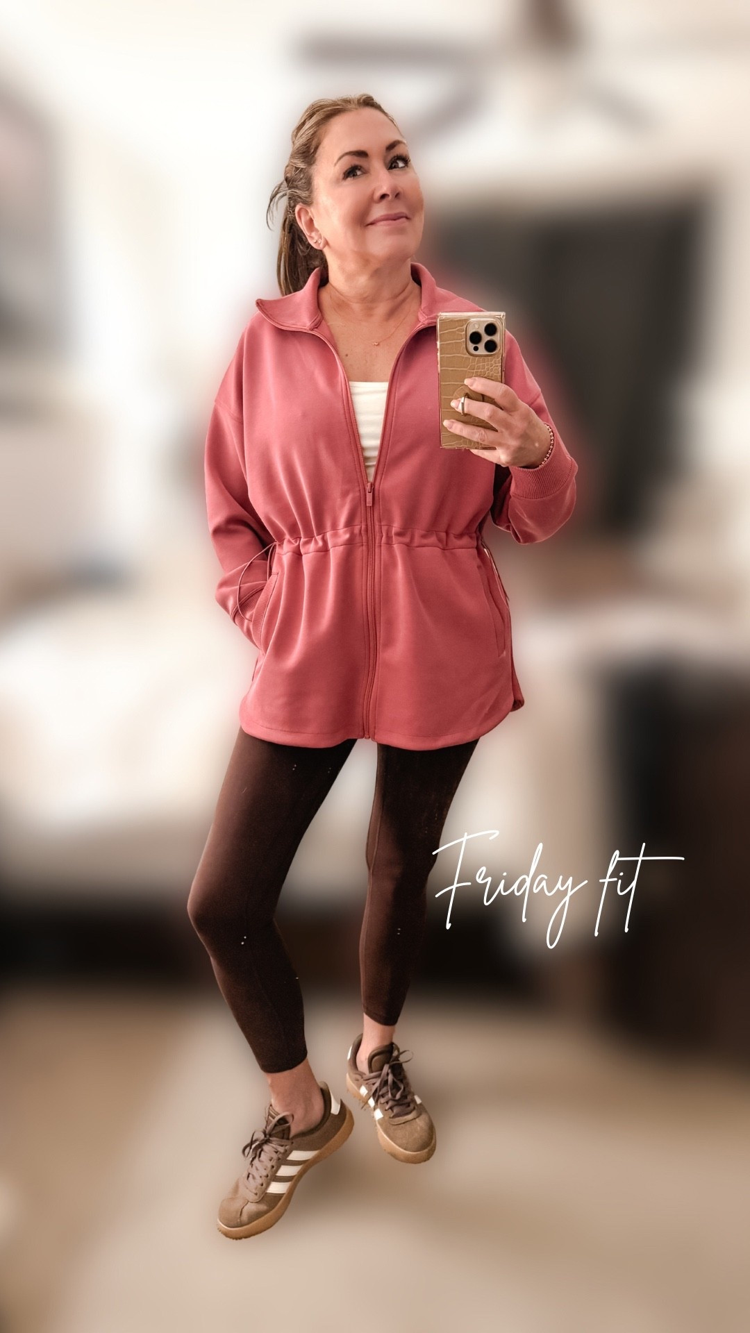 Friday fit 🖤✨
Loving this easy, everyday look! This zip-up jacket from Target is the perfect lightweight layer—super flattering with the cinched waist and such a great throw-on piece. Paired it with my favorite leggings (no front seam 🙌—so comfy and smooth!) and finished the look with classic fashion sneakers for that effortless vibe.

Perfect for errands, coffee runs, or casual days when you still want to feel put together 💁‍♀️

Amie Pagan, casual style, activewear, athleisure

#LTKfit #LTKstyle #casualoutfit #everydaystyle #targetstyle

#LTKootd #LTKActive