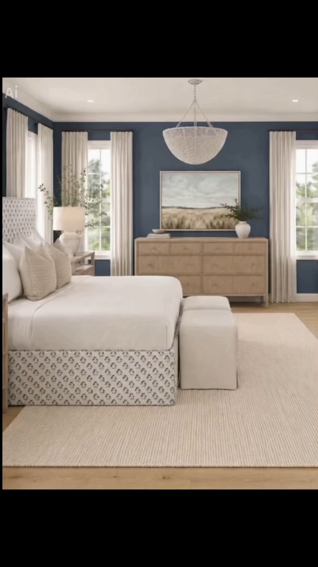 blue bedroom, coastal bedroom, Nancy Meyers bedroom, Studio McGee style, McGee & Co, Serena & Lily inspired, neutral bedroom, luxury bedroom, bedroom makeover, bedroom inspiration, upholstered bed, patterned bed, woven chandelier, textured rug, linen curtains, white oak furniture, designer bedroom, organic modern, coastal home, timeless home decor, classic home design, bedroom styling, home decor finds

Video generated using Ai

#LTKHome #LTKSaleAlert #LTKdayinmylife