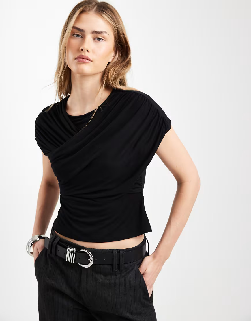 ASOS DESIGN draped wrap front short sleeve top in black | ASOS (Global)