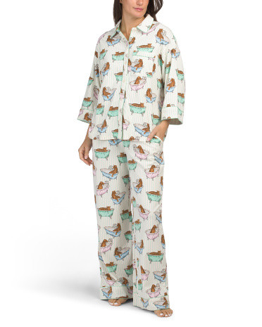 Organic Cotton Bubble Bathing Leopard Print Top And Pants Pajama Set for Women | Cotton/Elastane | Marshalls