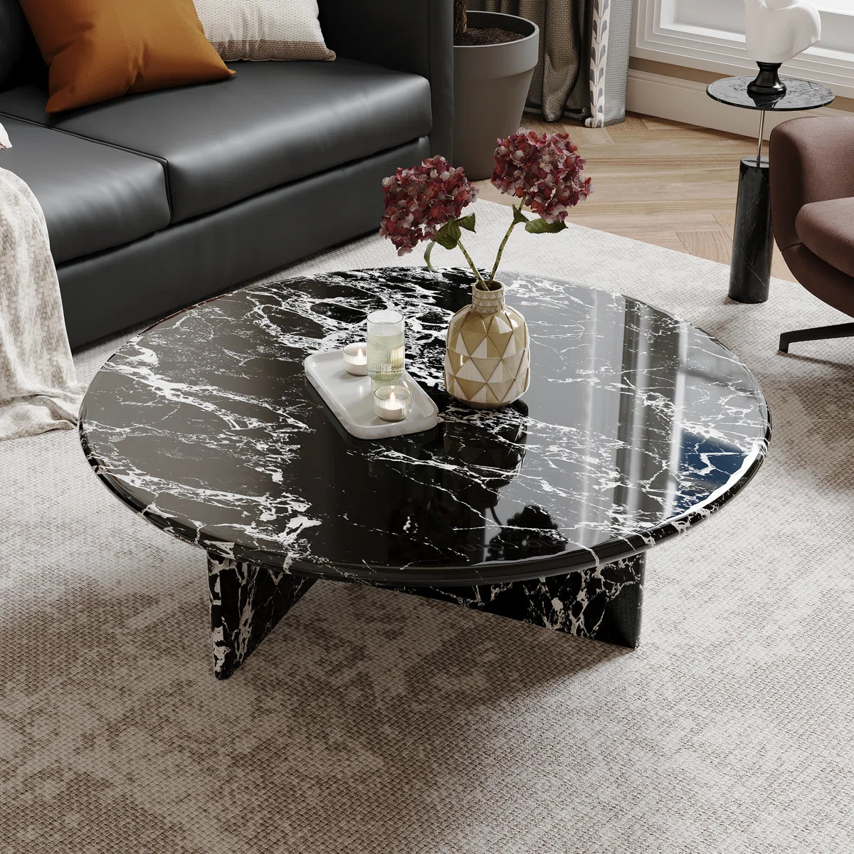 35.4'' Modern Oval Genuine Marble Coffee Table with Geometric Cutout Base – Black Veined Solid ... | Wayfair North America